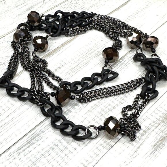 Chunky Long Necklace Mixed Metals Beaded Accents Black Chain 48 Inch Length - Picture 2 of 3